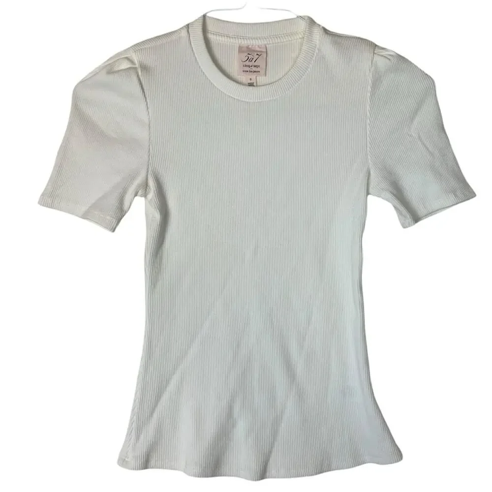Cinq a Sept womens small white ribbed shirt short sleeve puff mini casual tee